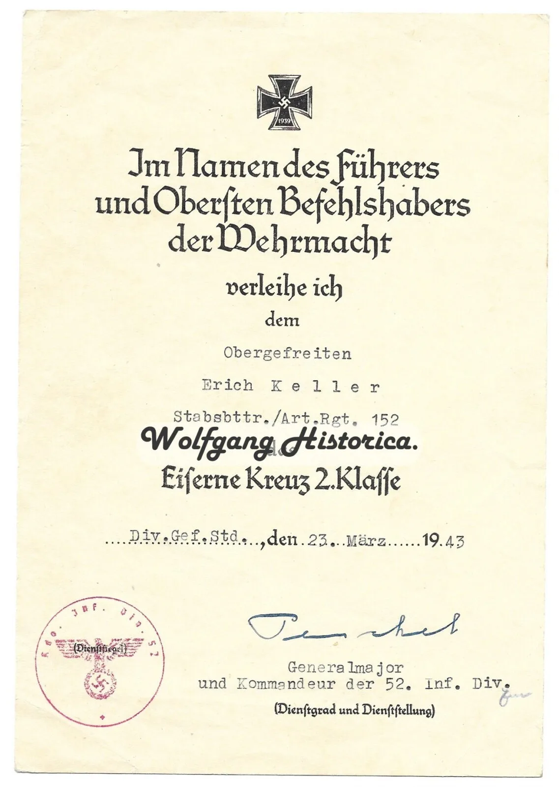 Iron Cross 2nd Class Award Document - Artillerie-Regiment 152 - Image 1