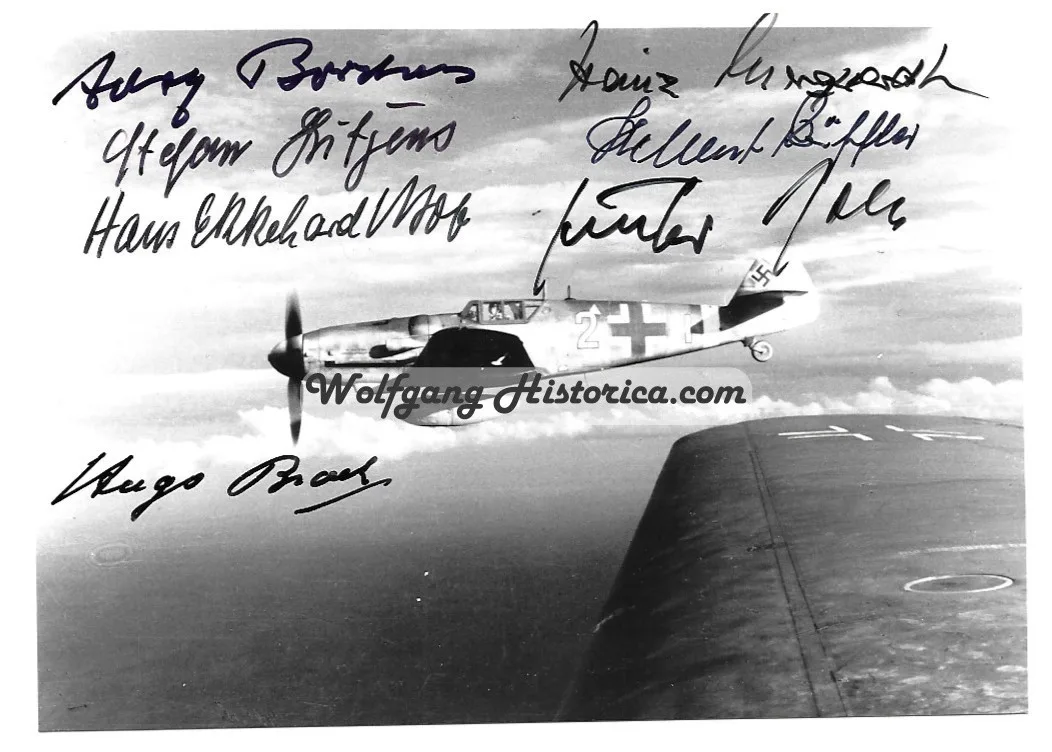 7x Luftwaffe Knight's Cross Holder Signed Image of Bf109 - Image 1