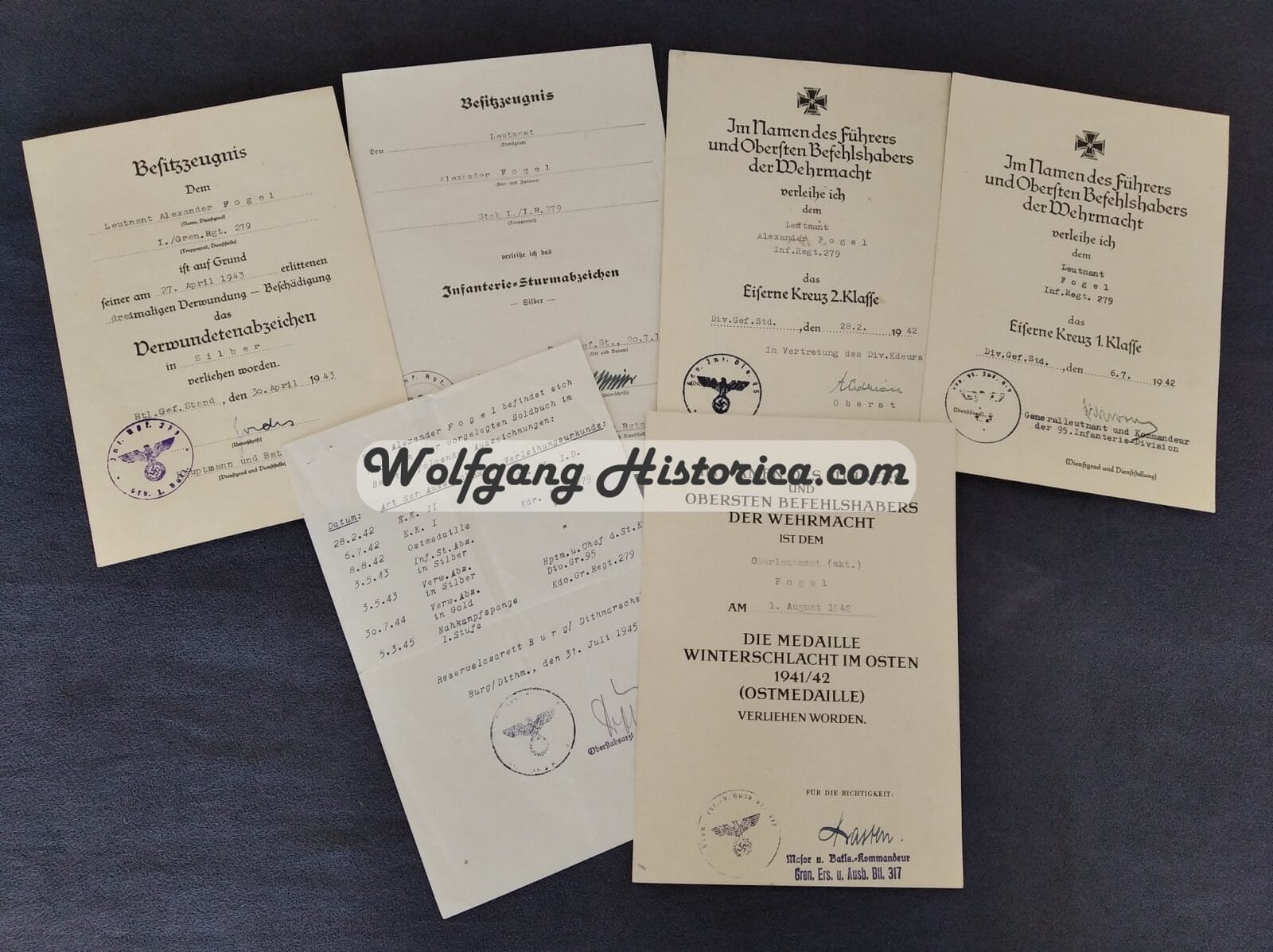D12 -Nachlass Fogel 5x Award Documents Grenadier-Regiment 279 (Officer & DKIG Holder) - Image 1