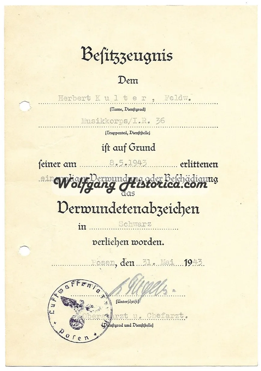 Wound Badge in Black Award Document - Musikkorps Inf.Rgt. 36 - Image 1
