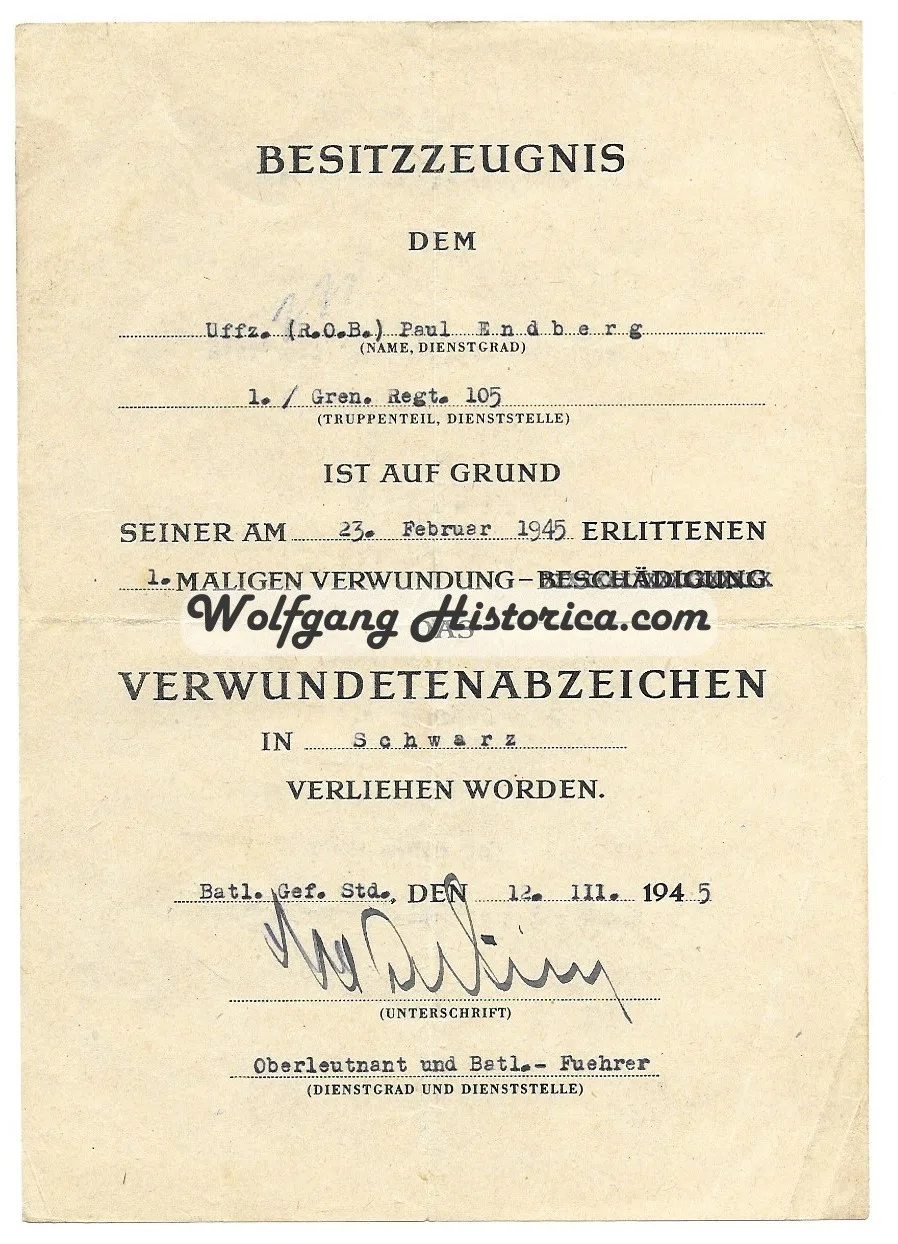 D36 - VWA Schwarz Gren Rgt 105 Wound Badge in Black Award Document - Gren.Rgt.105 (February 1945) - Image 1