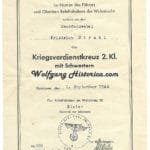 War Merit Cross 2nd Class Award Document - Wehrkreis XI, Hannover