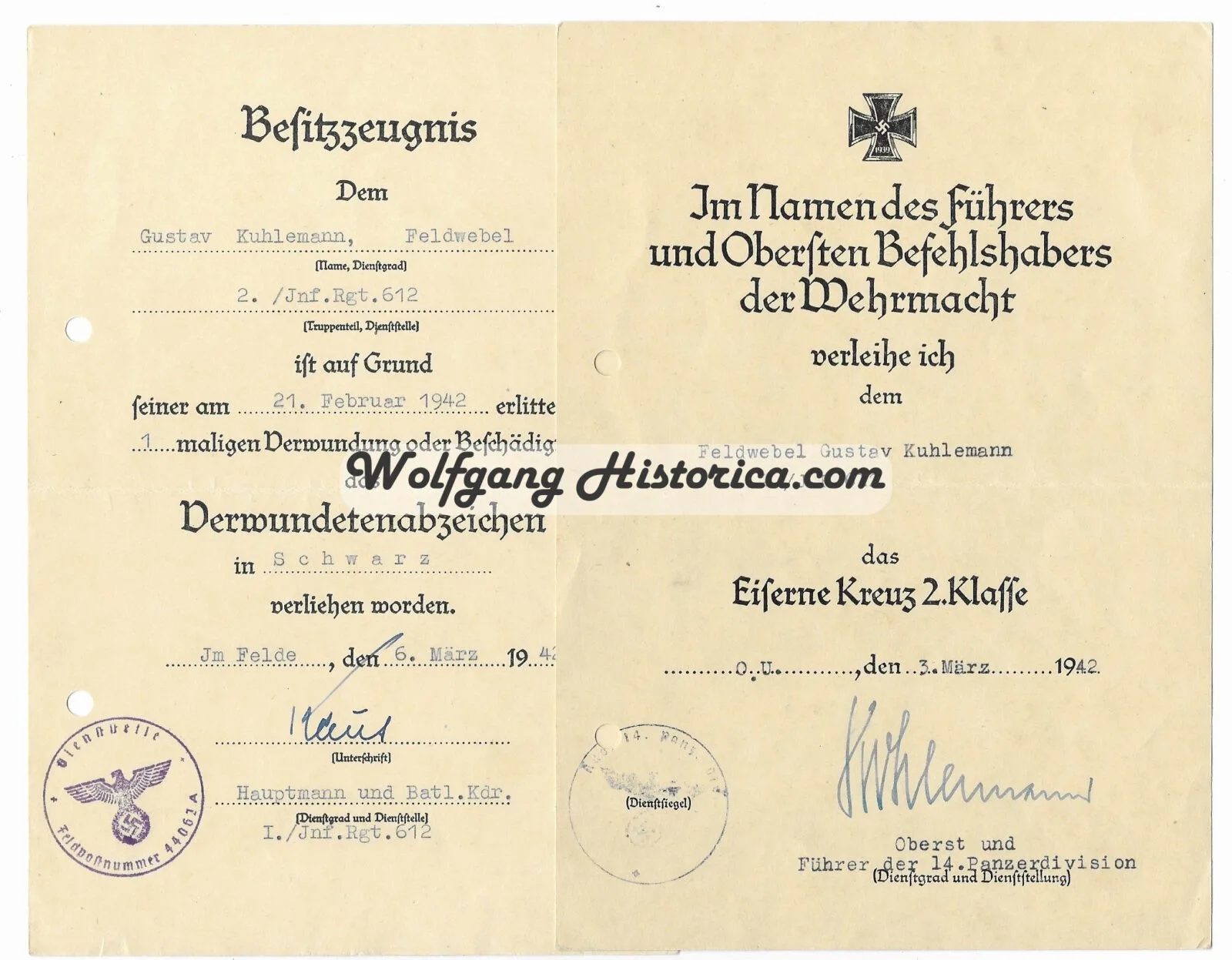 2x Award Documents: Iron Cross 2nd Class & Black Wound Badge (Inf.Rgt.612) - Image 1