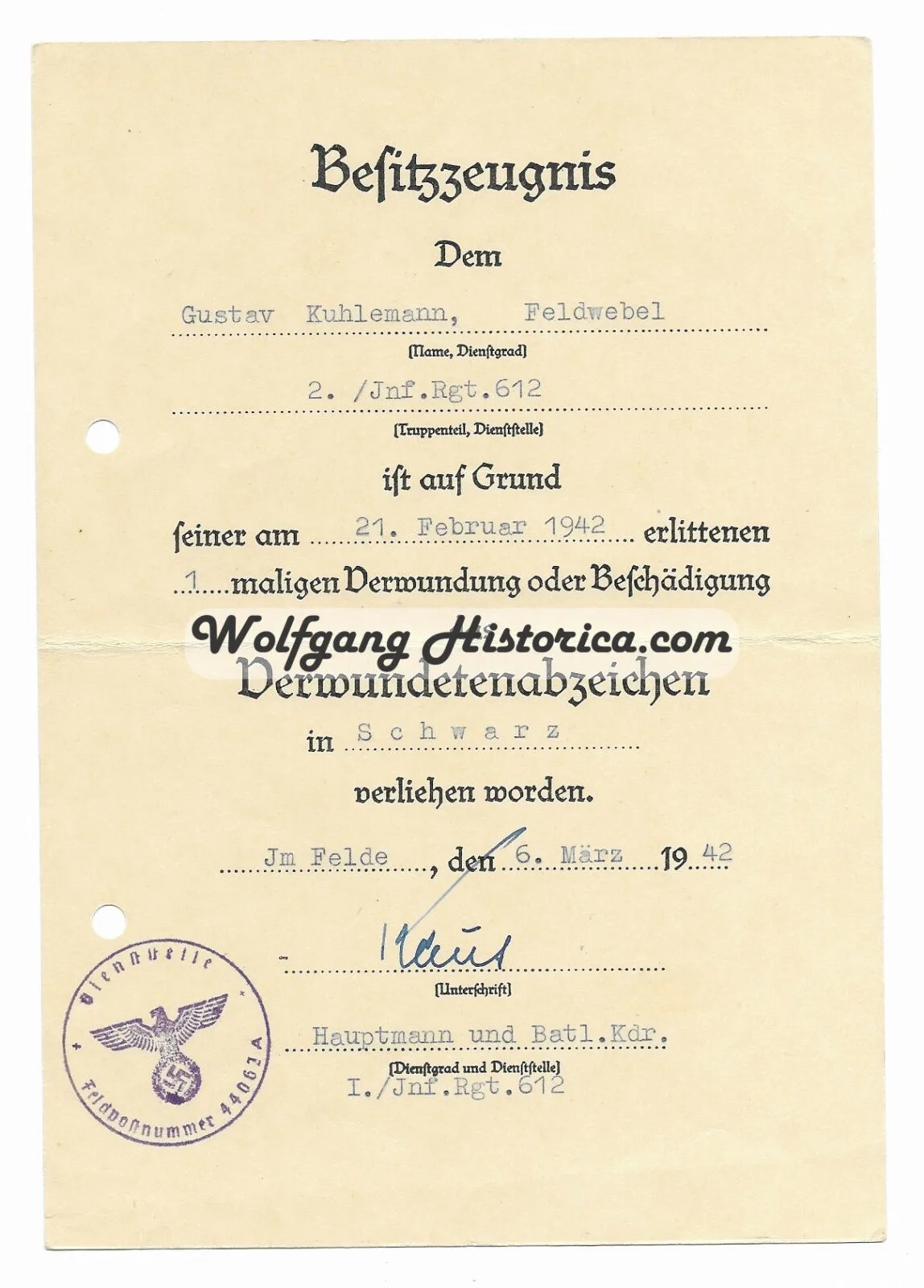 2x Award Documents: Iron Cross 2nd Class & Black Wound Badge (Inf.Rgt.612) - Image 3