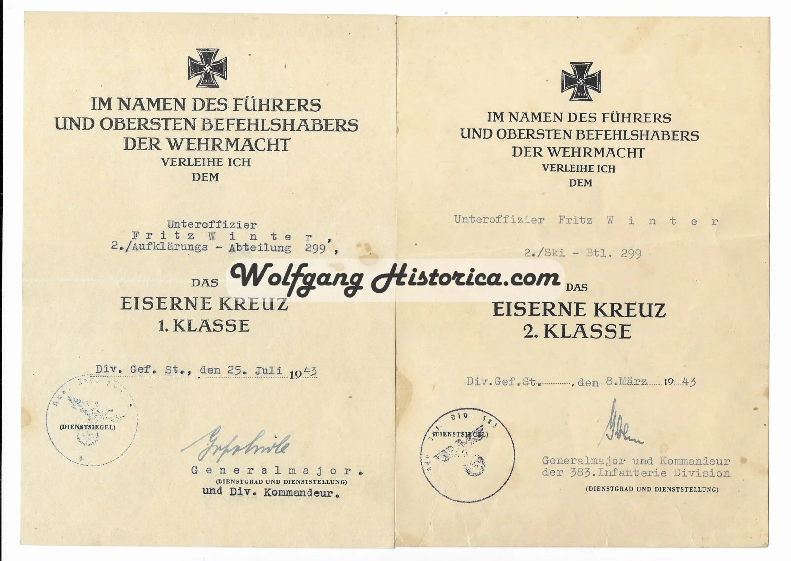 D64 - EK2-EK1 Aufk Abt 229 - 1 2x Award Documents: Iron Cross 1st & 2nd Class (KIA, 299.Inf.Div.) - Image 1