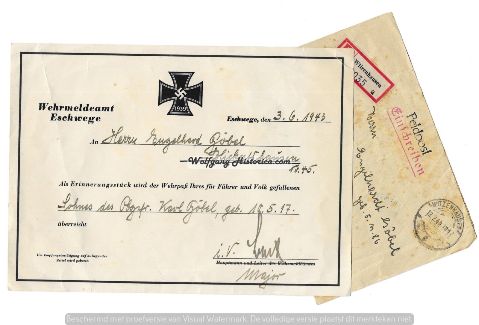 DOC87 - Gefallen Erinnerungsstück for KIA Soldier of Eschwege - Image 1