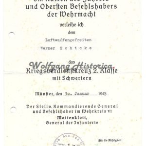 War Merit Cross 2nd Class Award Document - Münster, Wehrkreis VI variant (Mattenklott)