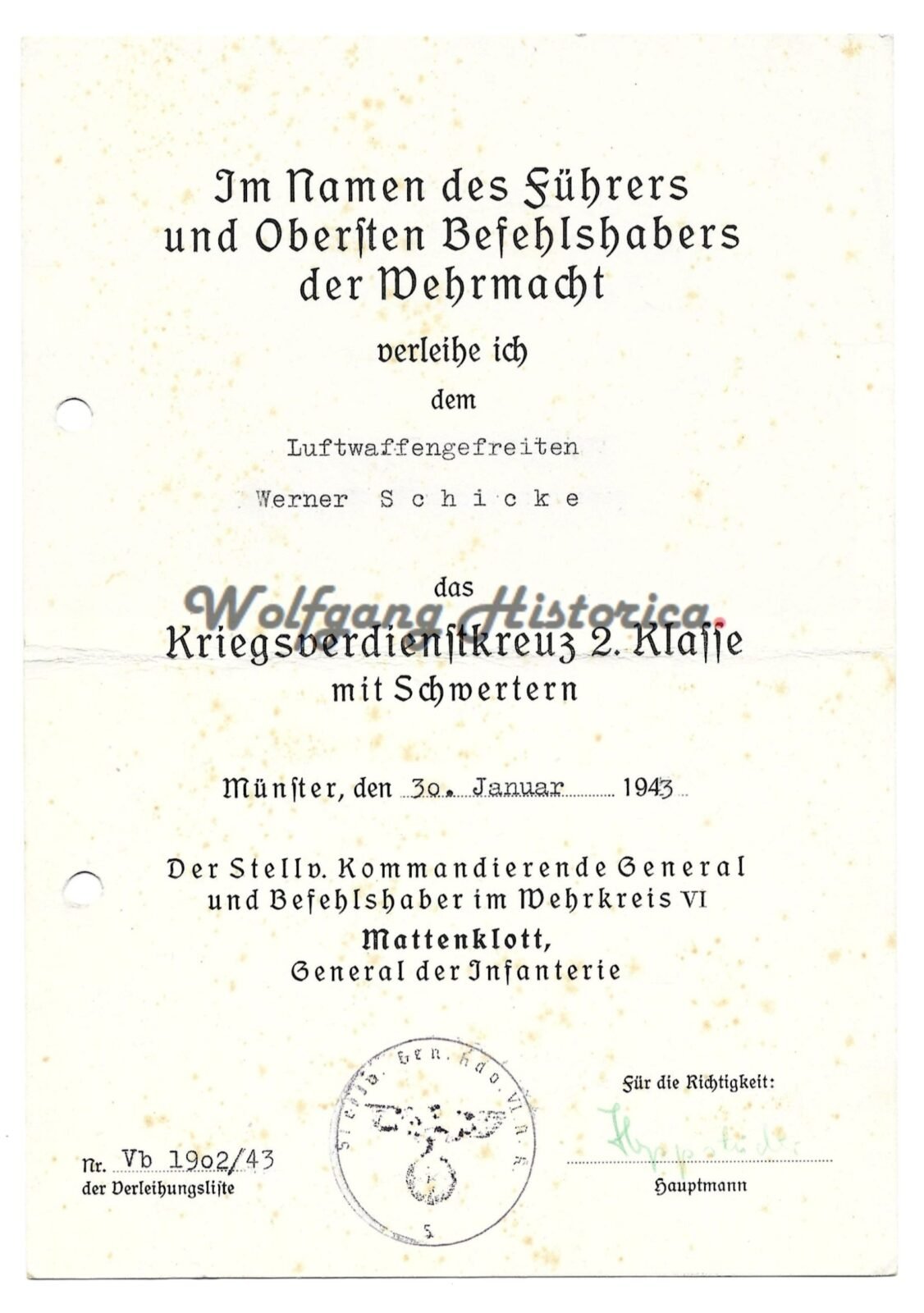 DOC97 - KVK2 War Merit Cross 2nd Class Award Document - Münster, Wehrkreis VI variant (Mattenklott) - Image 1