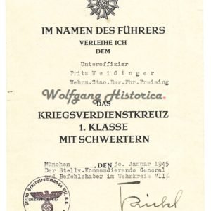 KVK1 Award Document - München (Signed by Karl Kriebel, active against 20 July Plotters)