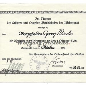 Sudetenland Medal Award document - Luftwaffe-Lehr-Division