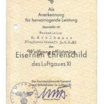 Eisernen Ehrenschild des Luftgaues XI Award document