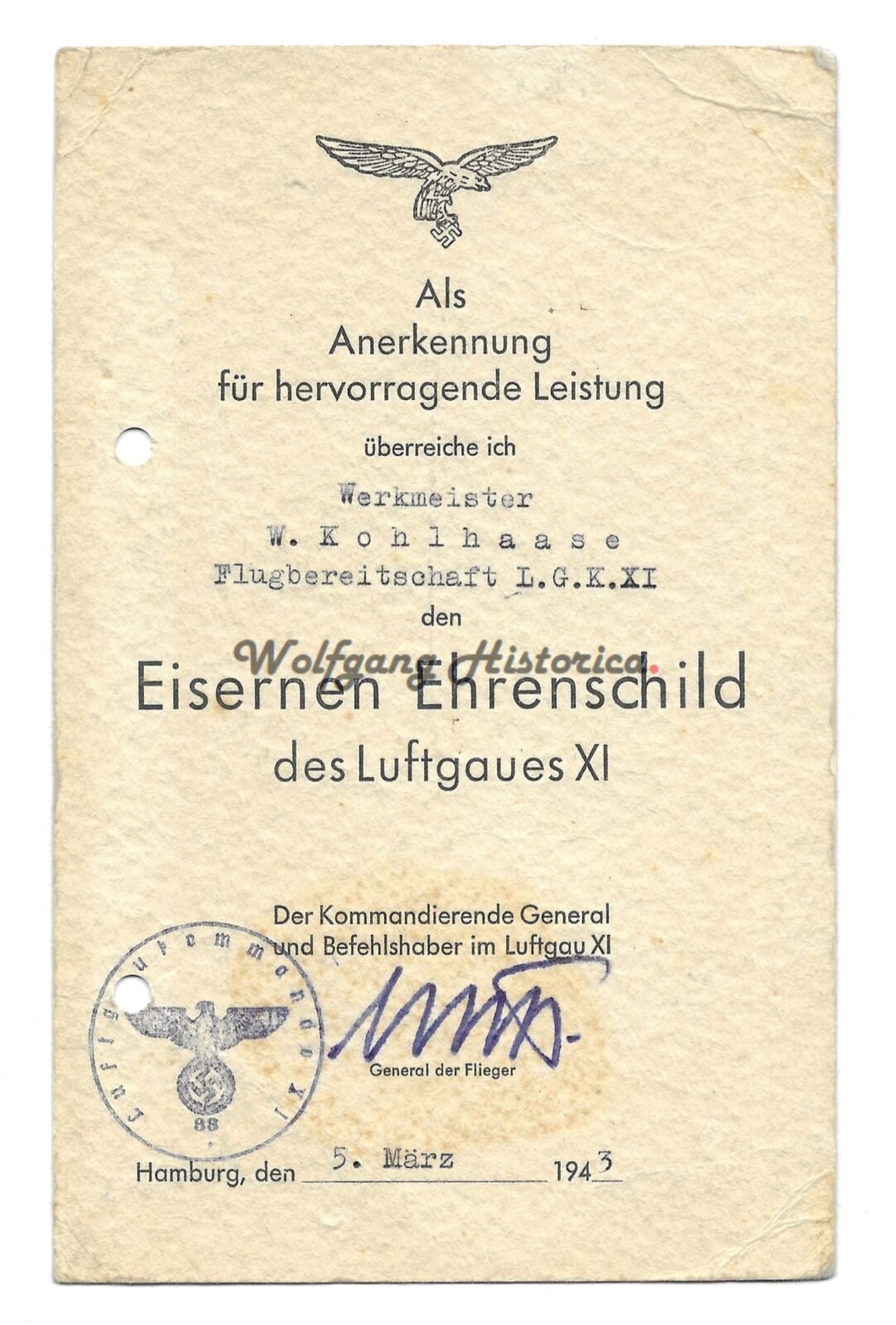 CJG023 - Kohlhaase Eisernen Ehrenschild des Luftgaues XI Award document - Image 1
