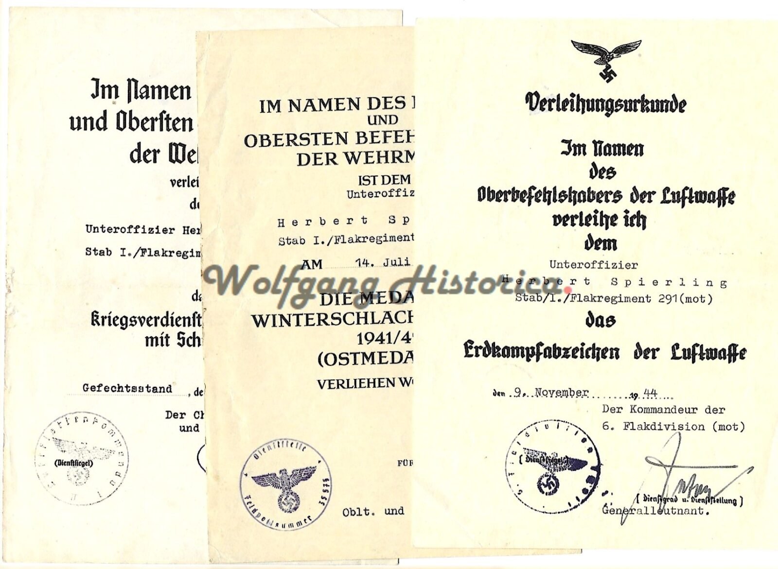 CJG026 - Spierling - 1 3x Award docs: Flak-Regiment 291 (6.Flak-Div.) - Image 1