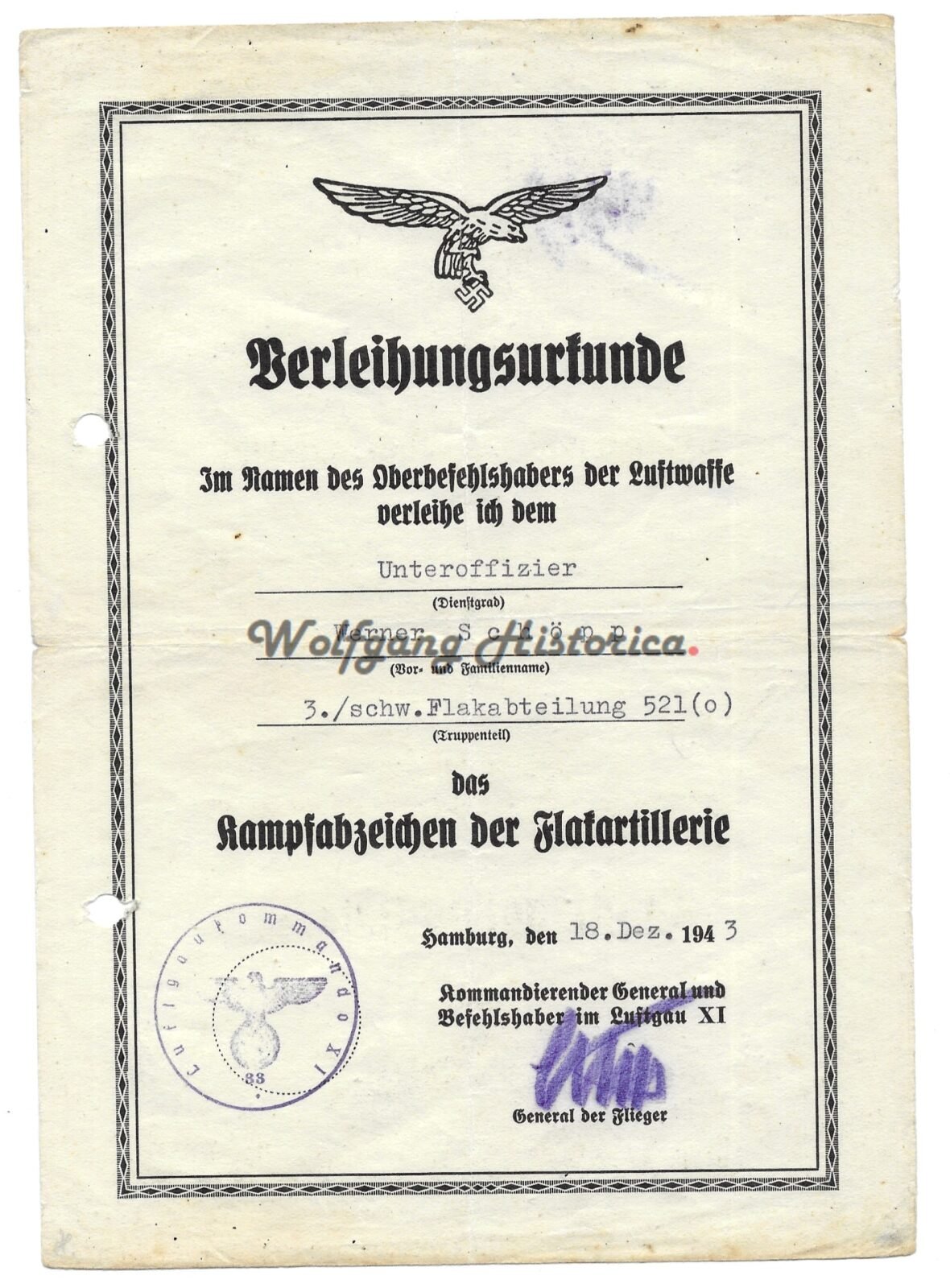 CJG027 - FKA - 1 Flakkampfabzeichen Award Document - Flak-Abteilung 521 - Image 1