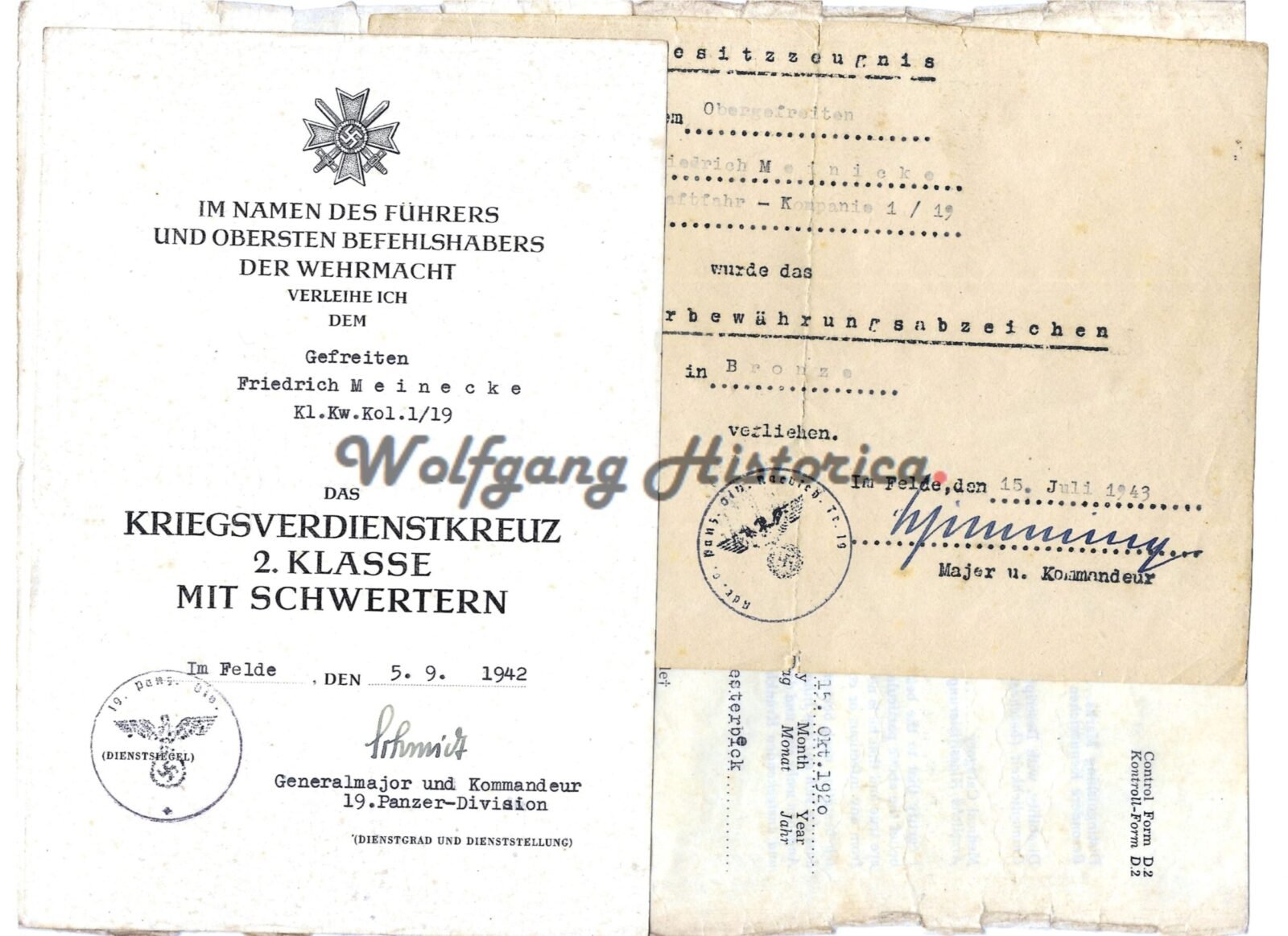 DOC104 - Gruppe - 1 2x Awards Docs: War Merit Cross 2nd Class & Drivers Proficiency (19.Pz.Div.) - Image 1