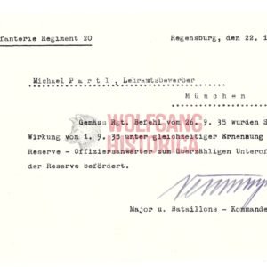 'Ernennung' document Infanterie-Regiment 20 - Signed by Franz Neumayr (DKIG)