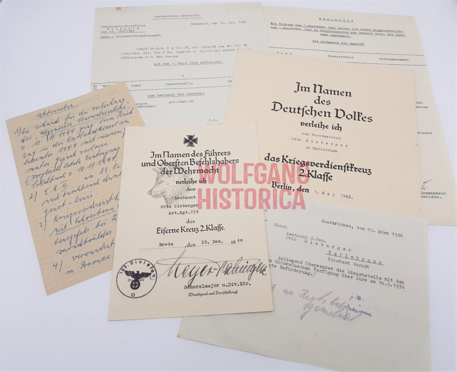 DOC123 - Sieberger - 0 2x Award Docs: Iron Cross 2nd Class (Westfront 1940) & KVK2 for Forestry Service as Forstmeister - Image 1