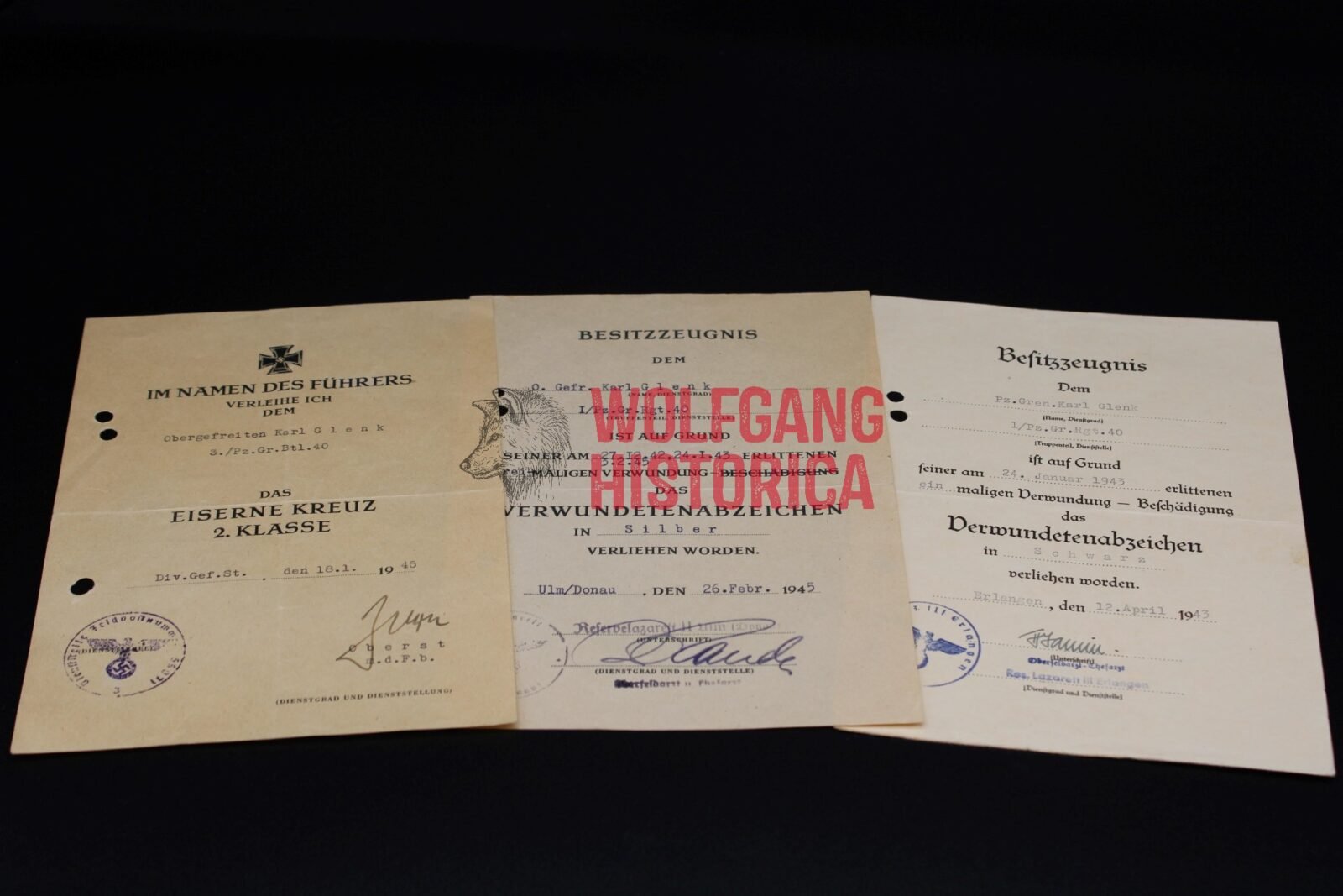 DOC175 - Glenk - 1 3x Award Docs: Pz.Gren.Rgt.40 (EK2 & VWA Silber in 1945!) (Colmar Pocket) - Image 1