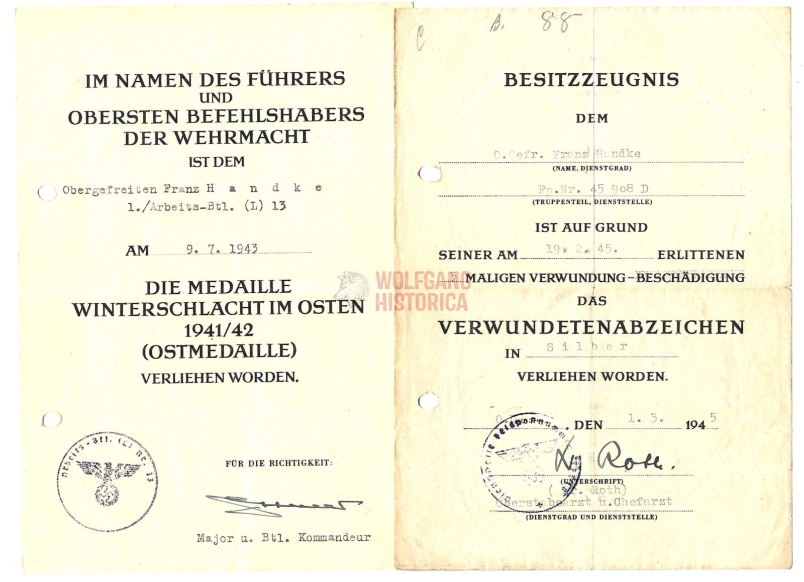 CSEB007 - Franz Handke - 1 2x Awards Docs: Winter War Medal & Silver Wound Badge '45 (559.VGD) - Image 1