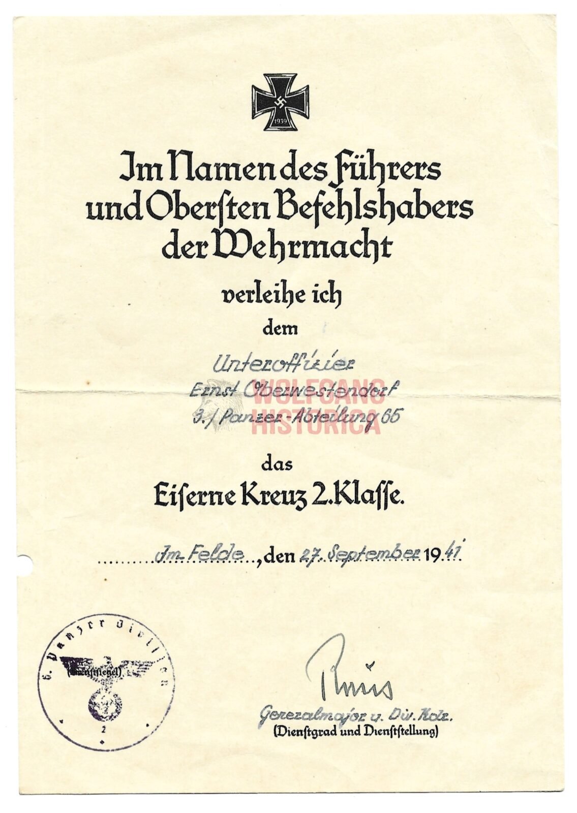 CSEB008 - Oberwestendorf Iron Cross 2nd Class Award Doc: Panzer-Abteilung 65 (Signed by Erhard Raus) - Image 1