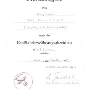 Drivers Proficiency Badge in Silver Award Doc: Sanitäts-Zug/ Reserve-Lazarett Riga
