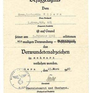 Wound Badge in Black Award Doc: Grenadier-Regiment 481 (256.Inf.Div.)
