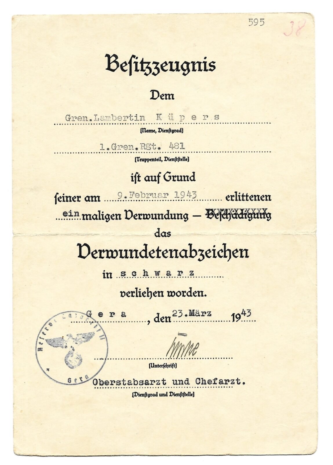 CSEB015 - Kupers Wound Badge in Black Award Doc: Grenadier-Regiment 481 (256.Inf.Div.) - Image 1