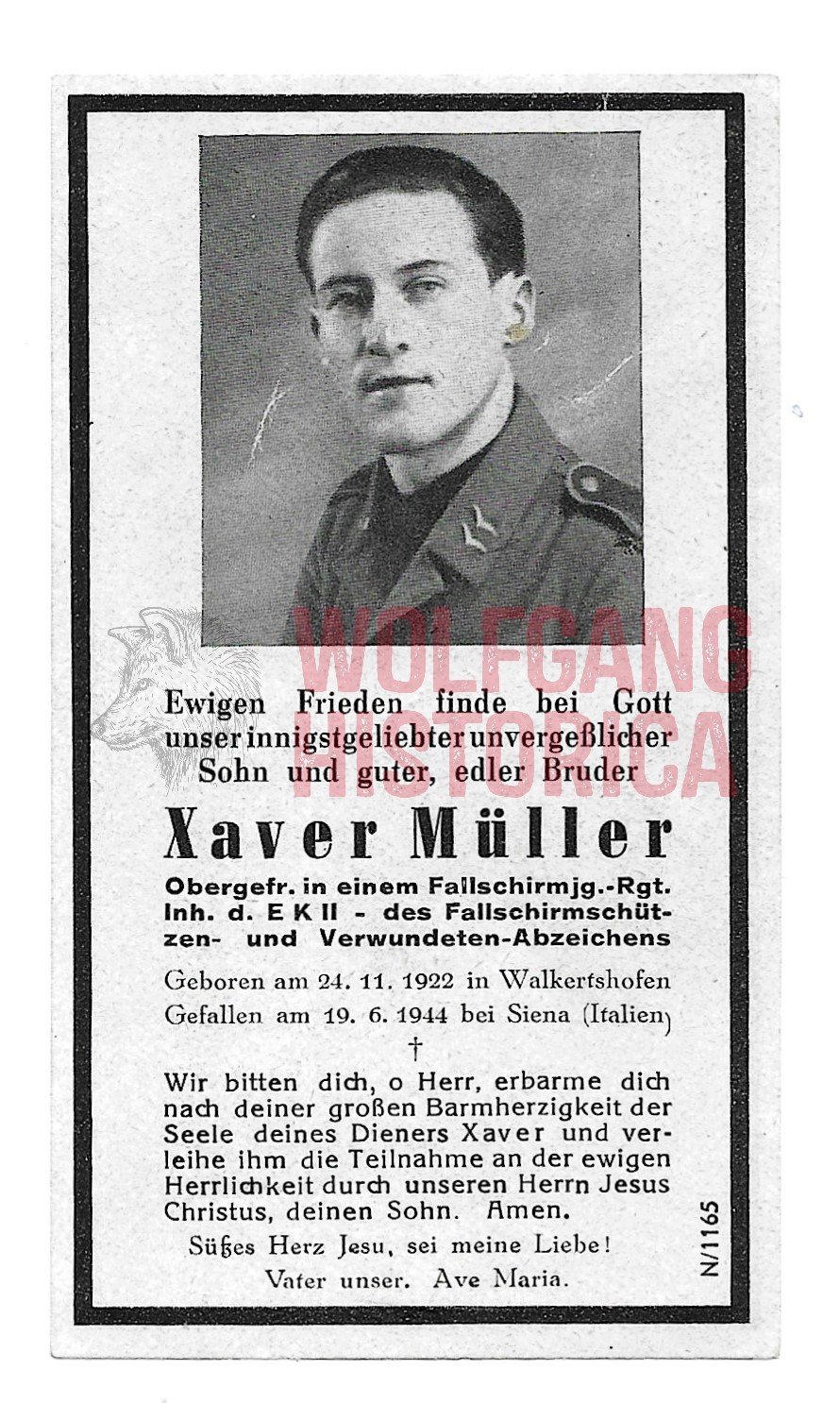 SB40 - FJ - 1 Fallschirmjäger Death Card – KIA Diensa, Italy ’44 (FJR11) - Image 1