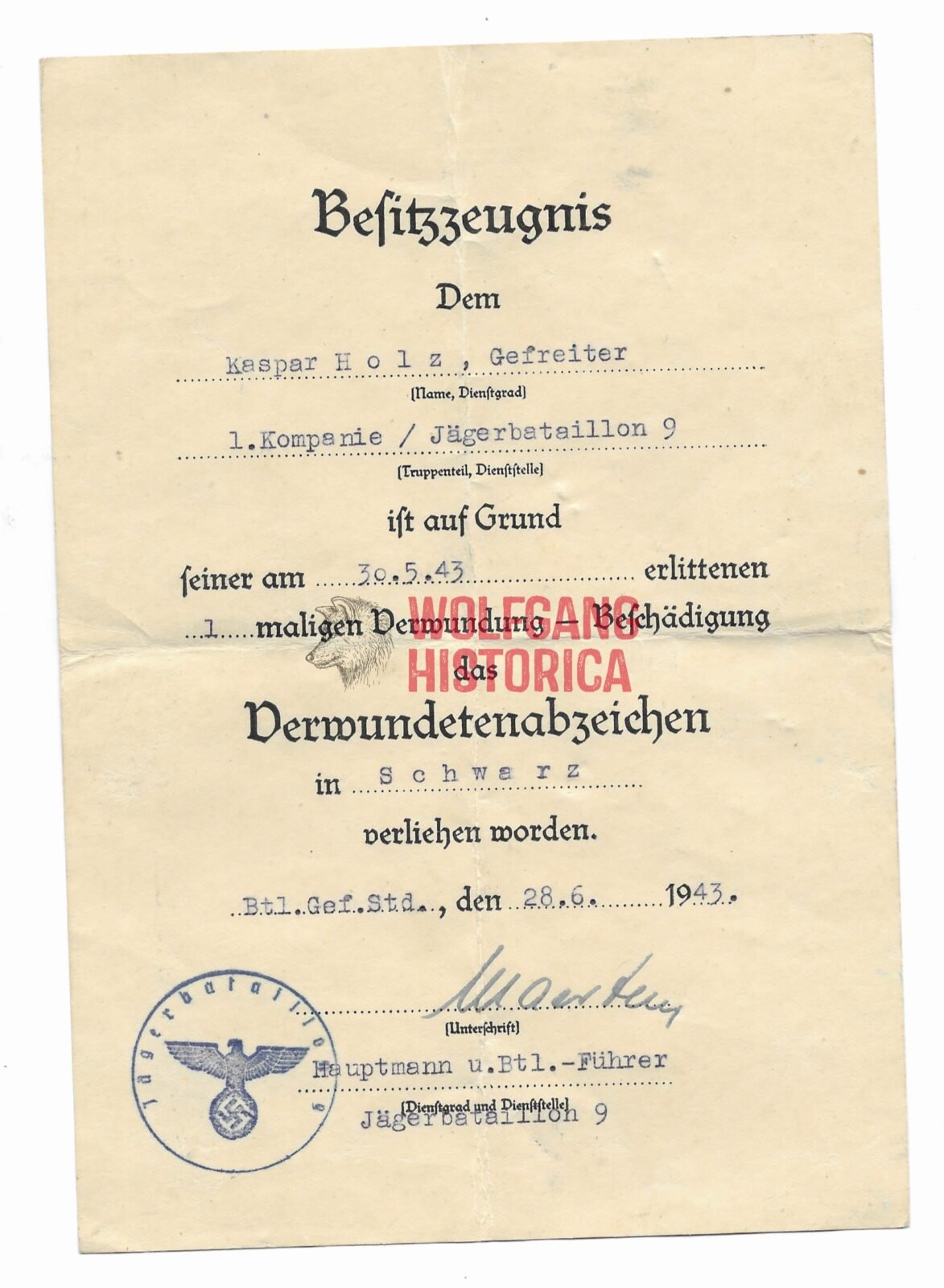 Afbeelding (15) Wound Badge in Black Award Doc: Jäger-Bataillon 9 - Image 1
