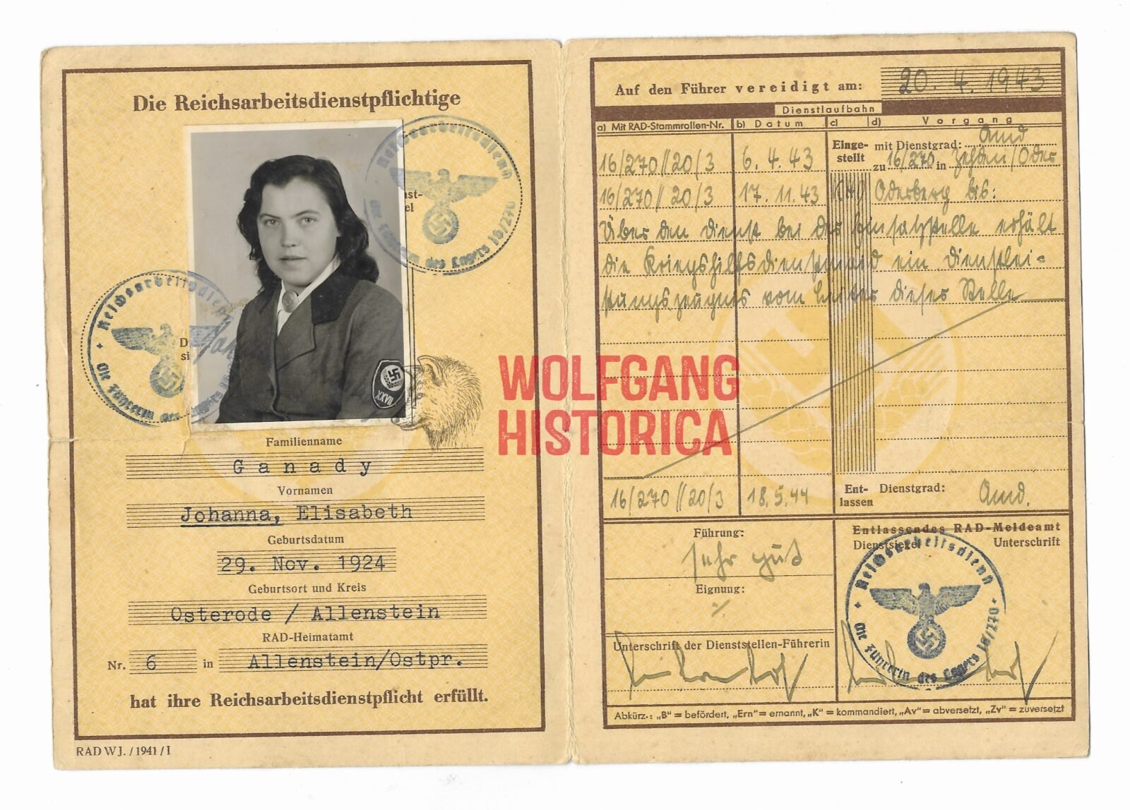 Afbeelding (185) Reichsarbeitsdienst-Paß - Female from Osterode, Allenstein - Image 1