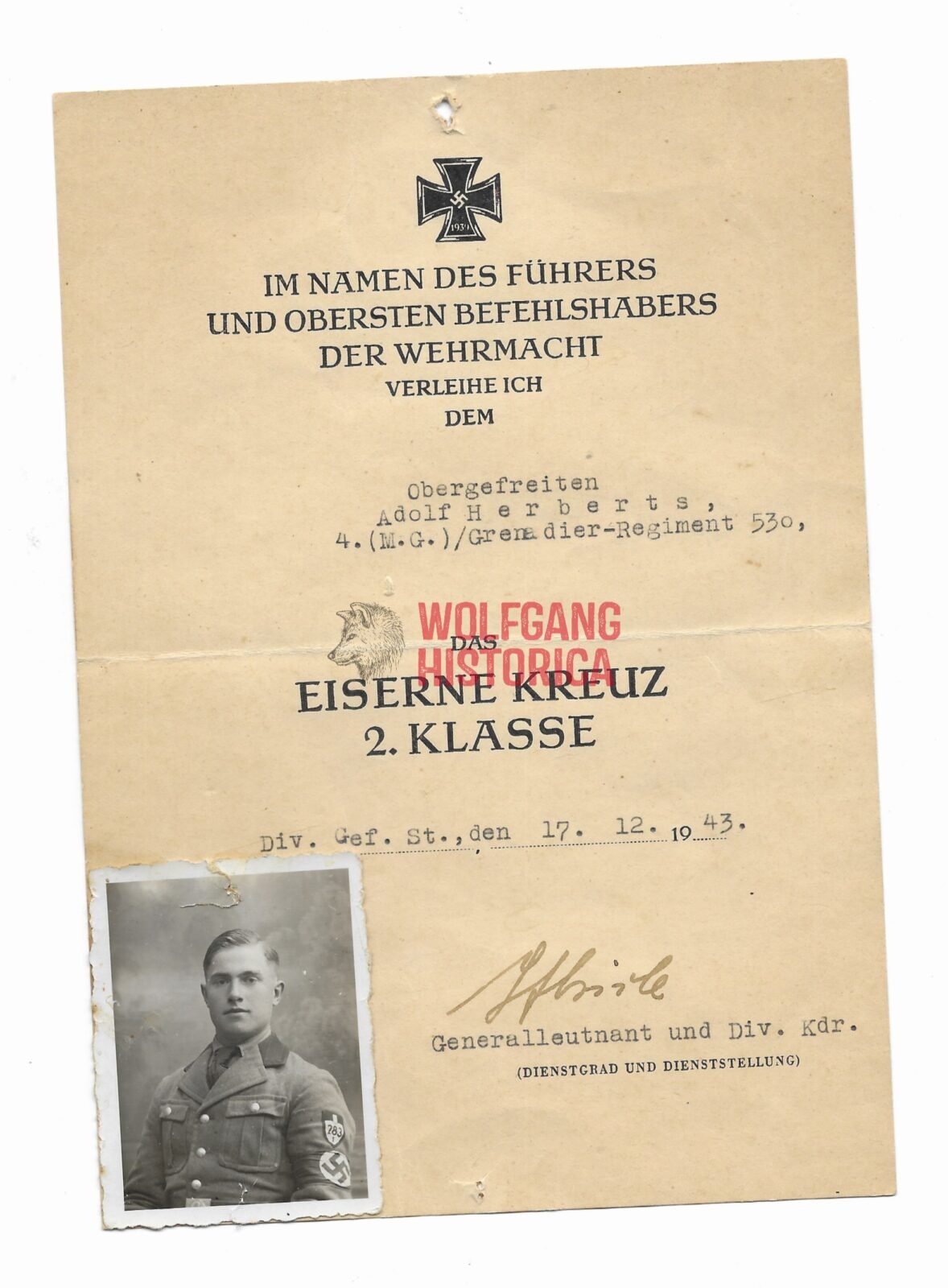 Afbeelding (187) EK2 Award Doc: Grenadier-Regiment 530 (299.Inf.Div.) - Image 1