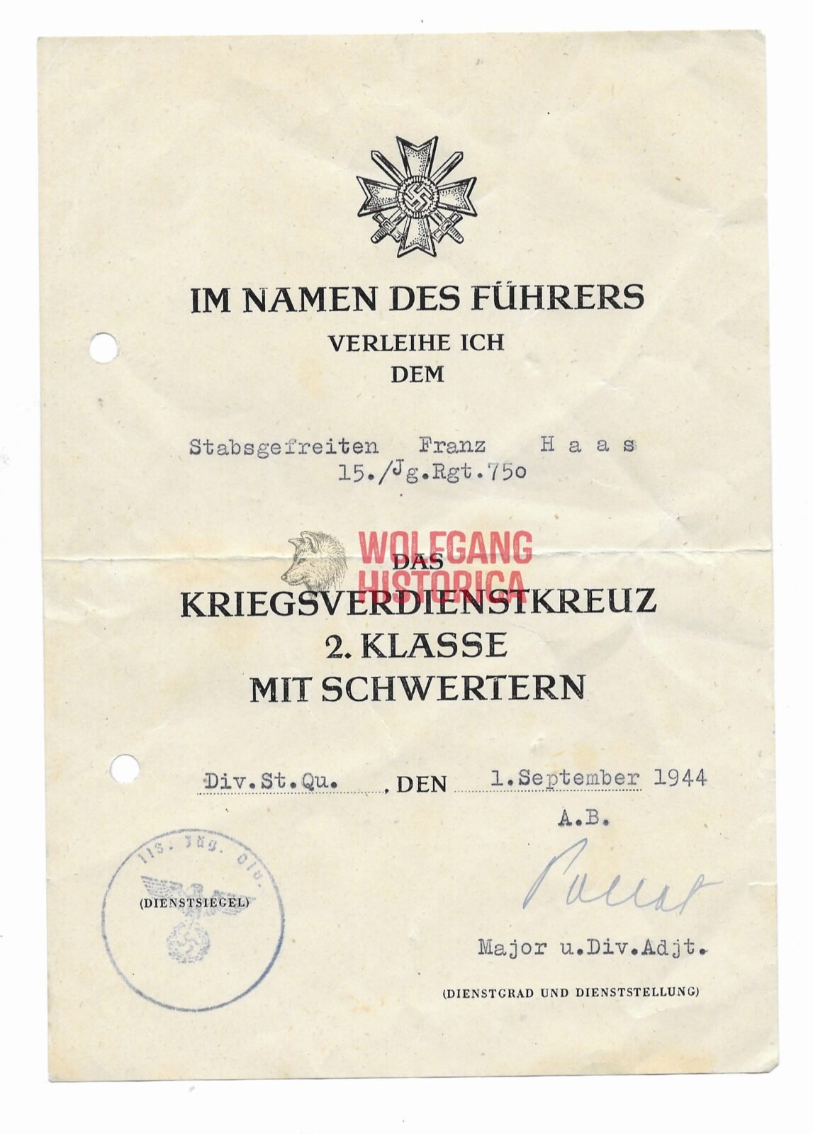 Afbeelding (197) KVK2X Award Doc: Jäger-Regiment 750 (118.Jäger-Div.) - Image 1