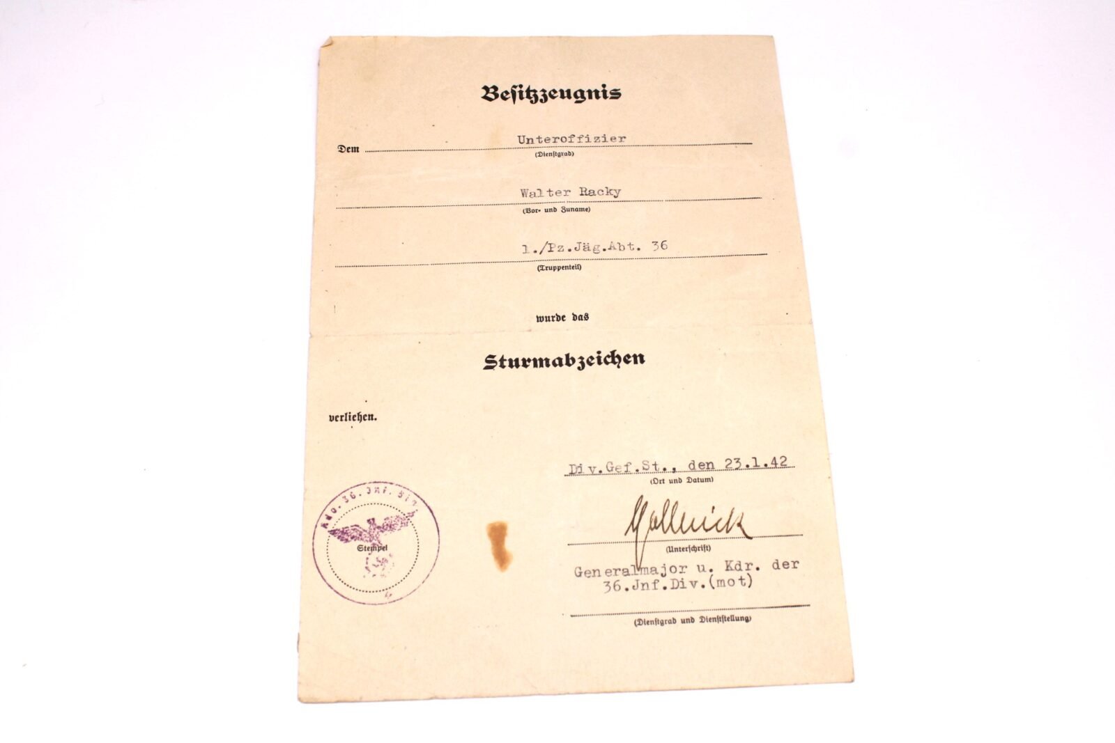 IMG_3977 Sturmabzeichen Award Doc - Panzerjäger-Abteilung 36 (36.Inf.Div.) - Image 1