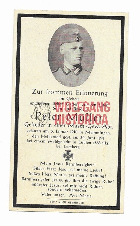 41-10-1 Death Card: KIA June 30, 1941 at Lubien-Wielki - Lemberg (Inf.Rgt.457, 257.Inf.Div.) - Image 1