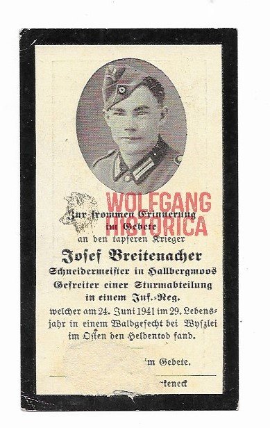 41-5-1 Death Card: KIA June 24, 1941 at Wyski (Inf.Rgt.62, 7.Inf.Div.) - Image 1