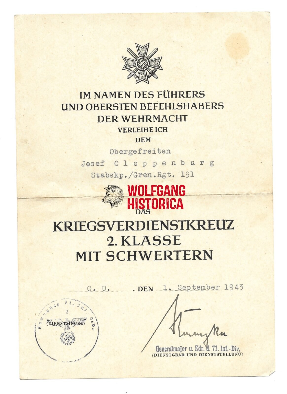 2023-11-01_105807 KVK2X Award Doc: Grenadier-Regiment 191 (71. Infanterie-Division) - Image 1