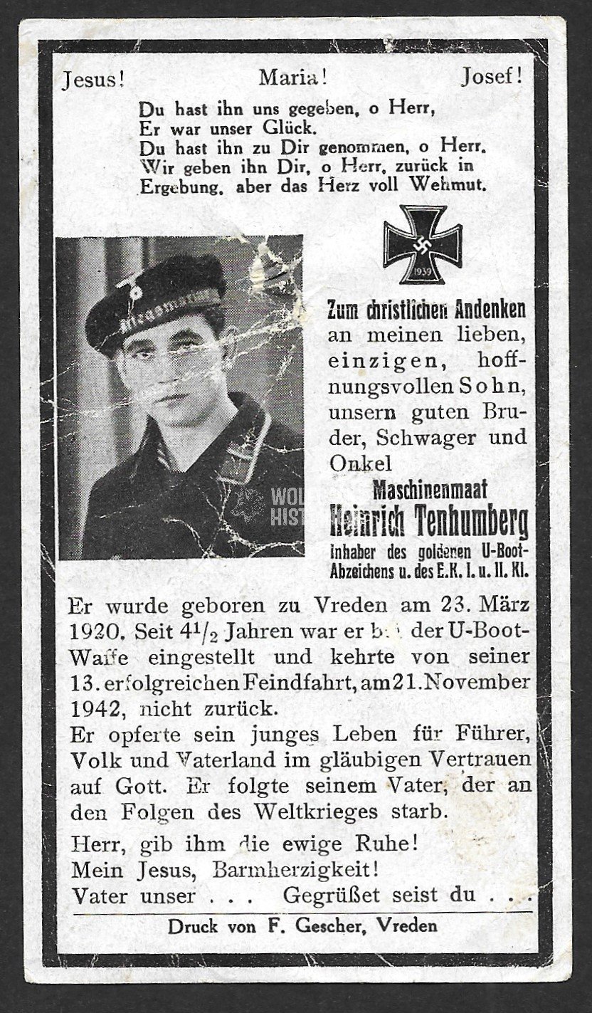 U173-Tenhumberg_2024-03-23_142630 Deathcard of U-Boot Crewmember – U-Boot "U-173" (Sunk by US Destroyers) - Image 1