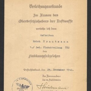 Award Doc for Flakkampfabzeichen (Flak-Abteilung 732)