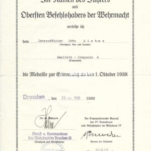Sudetenland Medal Award Doc - Sanitäts-Kompanie 4