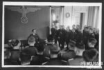 German Press Photo Joseph Goebbels speaking to Ritterkreuzträger & Officers