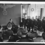 German Press Photo Joseph Goebbels speaking to Ritterkreuzträger & Officers