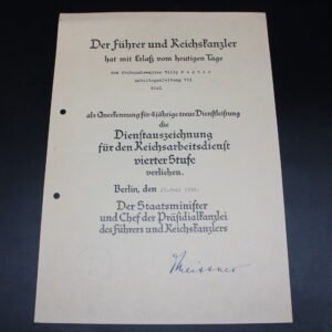 Dienstauszeichnung für den Reichsarbeitsdienst 4. Stufe Award Doc