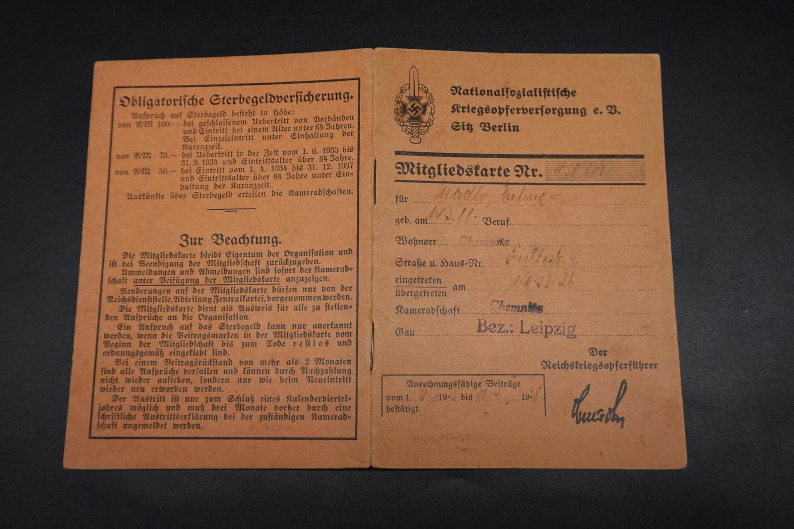 DSC09725 NSKOV Kriegsopferversorgung Mitgliedskarte (Leipzig) - Image 1