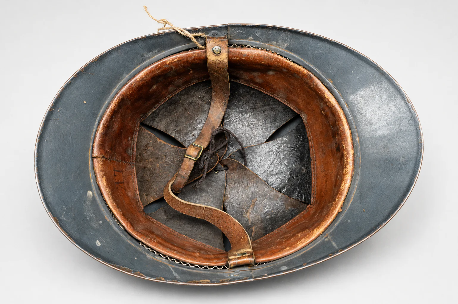 WWI French M15 Adrian Helmet for Artillery – Horizon Blue Steel Helmet w/ Liner & Chinstrap - Image 4