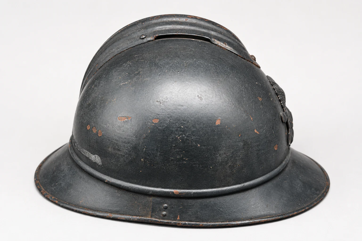 WWI French M15 Adrian Helmet for Artillery – Horizon Blue Steel Helmet w/ Liner & Chinstrap - Image 3