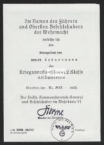 Kriegsverdienstkreuz 2. Klasse mit Schwertern Award Document – Wehrkreis VI