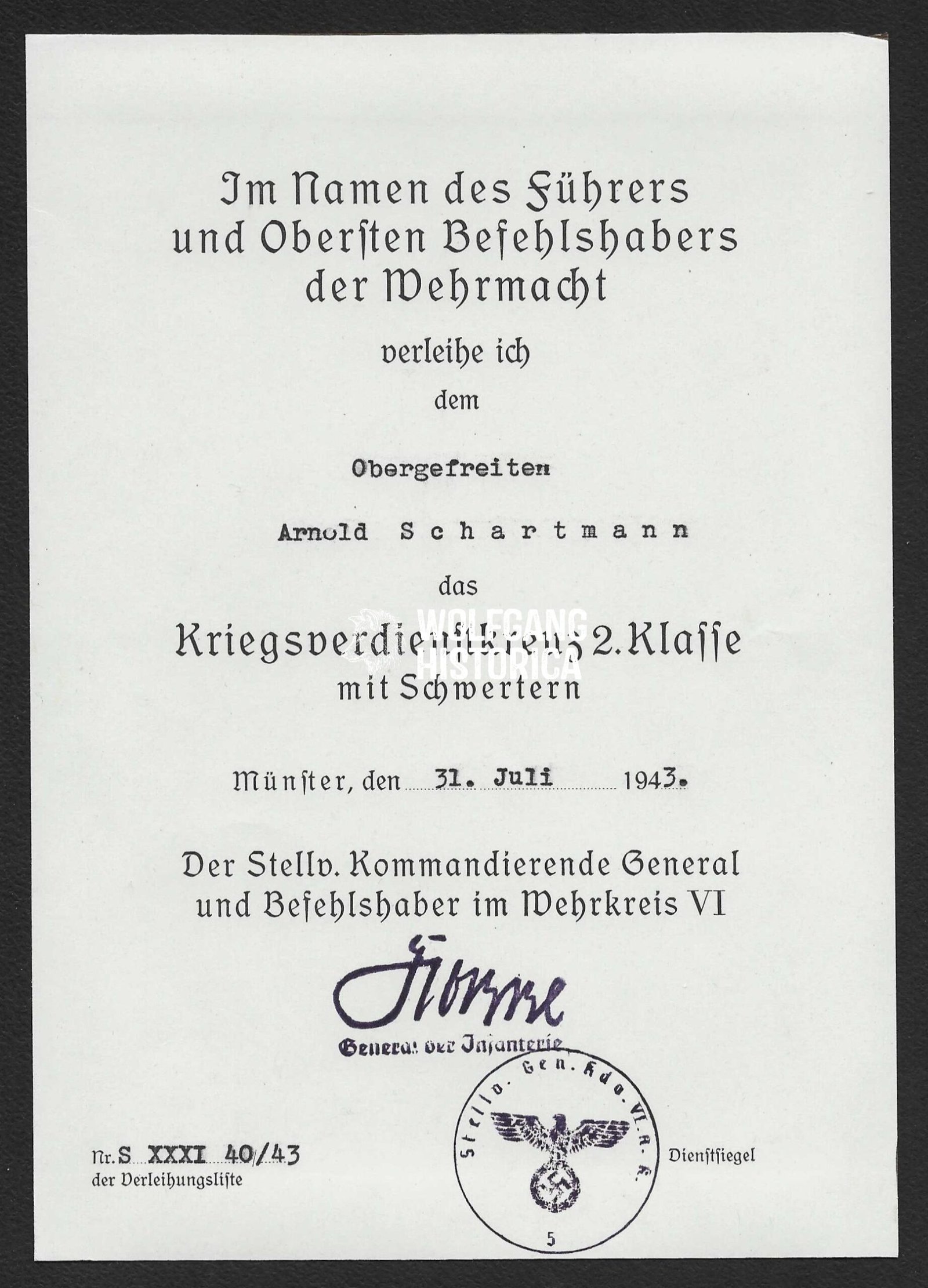 2026-05-13_093150 Kriegsverdienstkreuz 2. Klasse mit Schwertern Award Document – Wehrkreis VI - Image 1