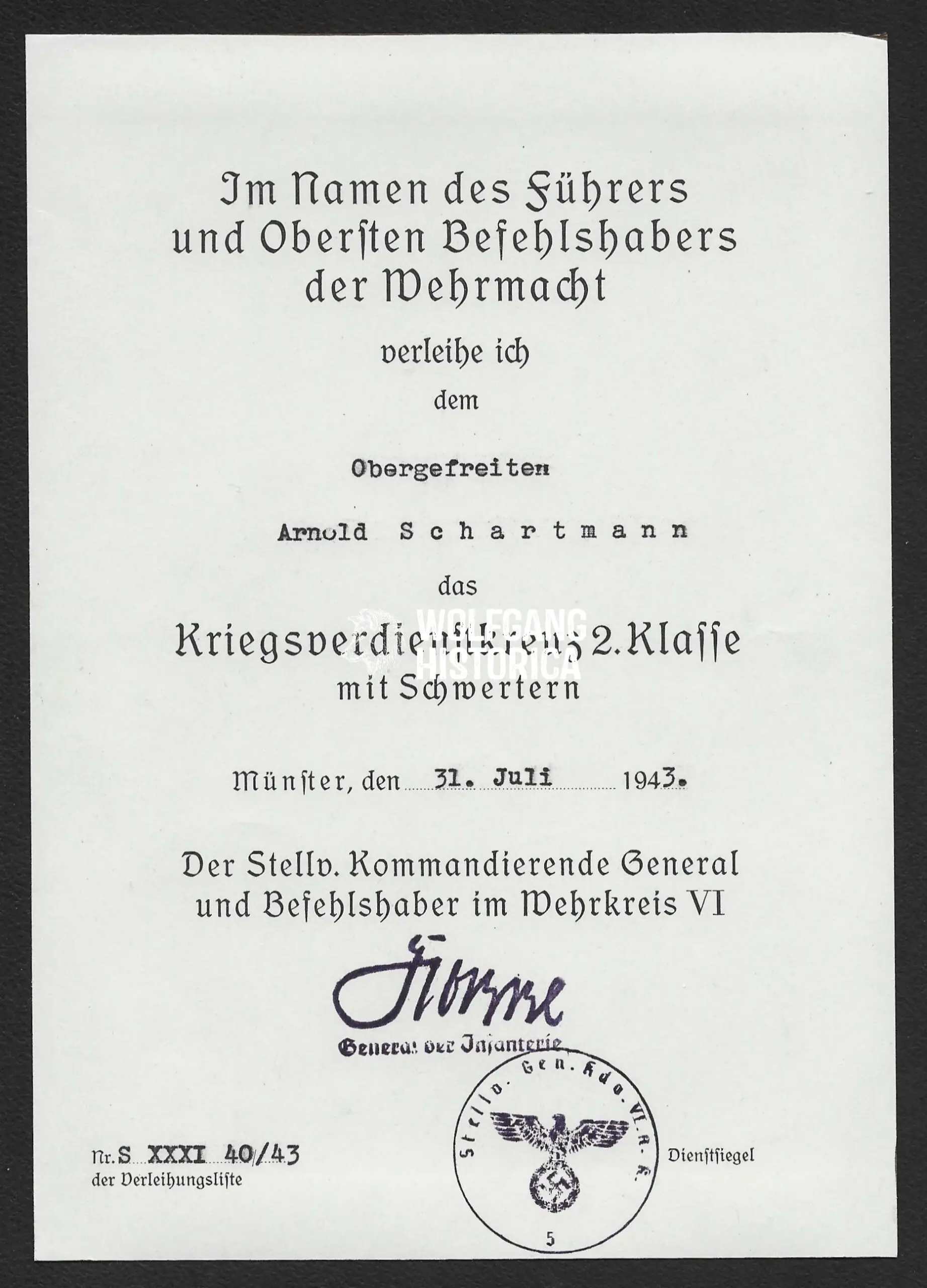 Kriegsverdienstkreuz 2. Klasse mit Schwertern Award Document – Wehrkreis VI - Image 1