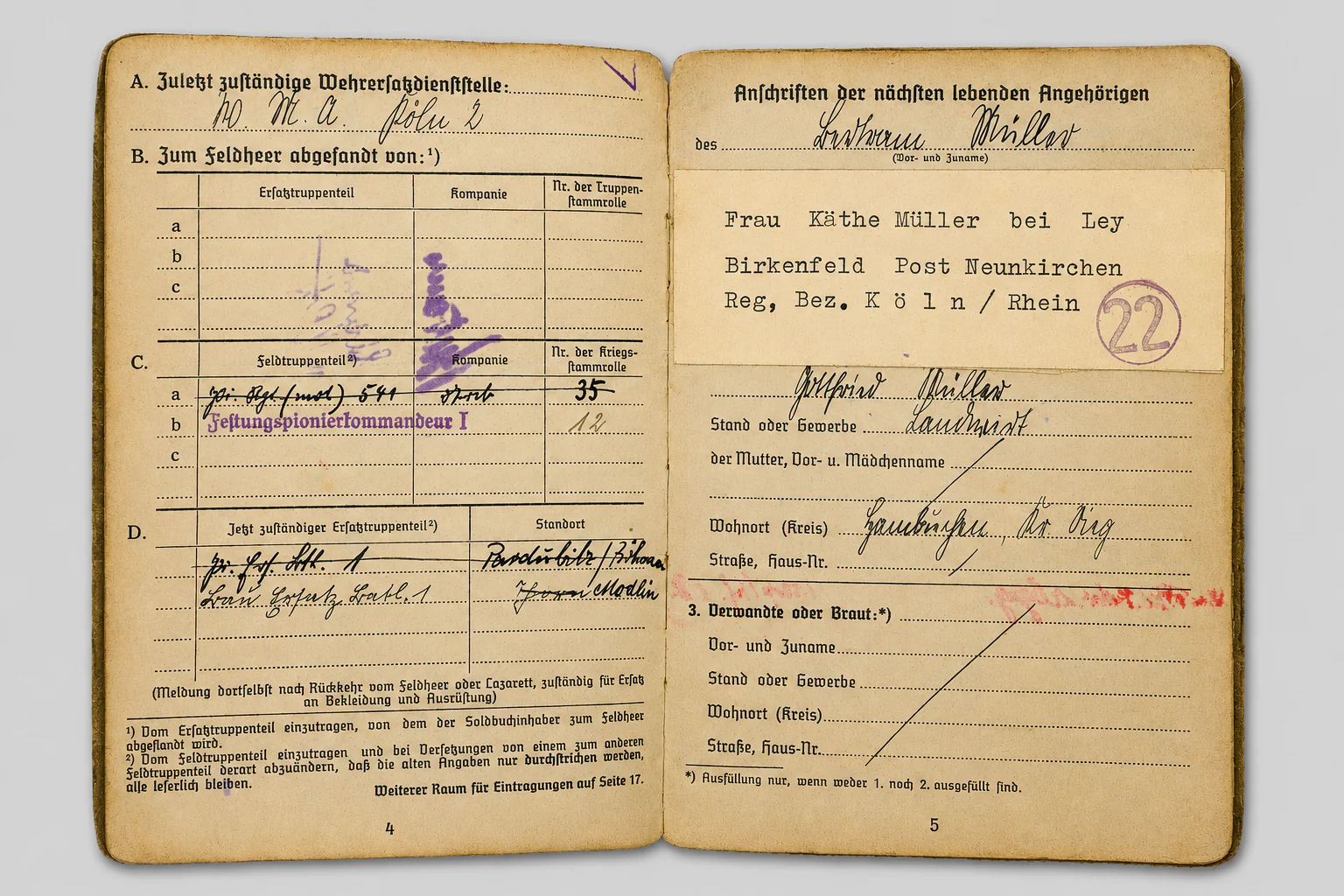 WWII Soldbuch & Wehrpass Grouping – Pionier Veteran of Poland, France, Eastern Front & Festungs-Pionier-Kdr. I – Signatures of Generals - Image 3