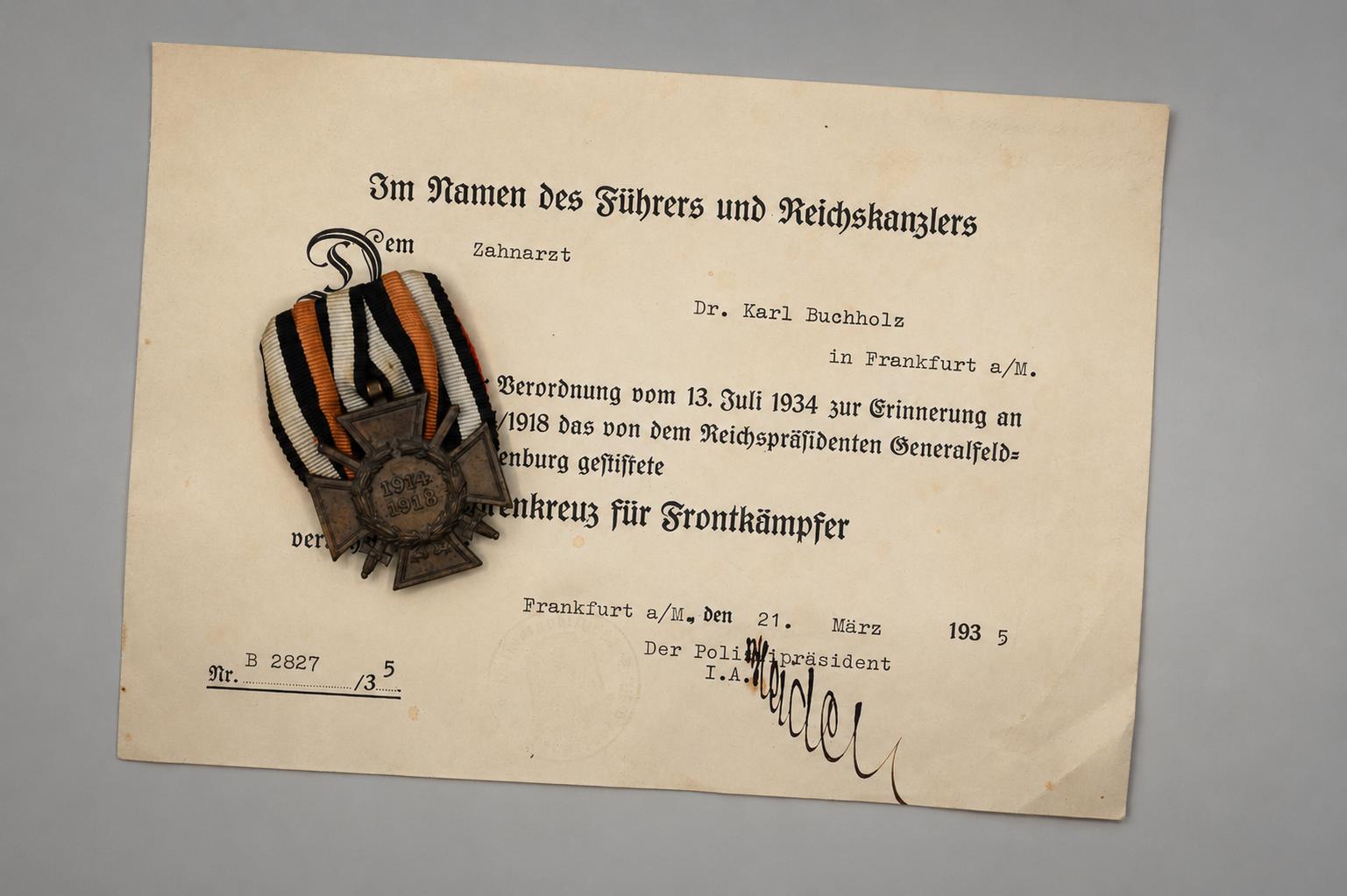 Image 21 mei 2026, 12_29_30 Hindenburg Cross with Award Document to a Dentist – Frankfurt am Main – Marked “R.V. Pforzheim 18” - Image 1